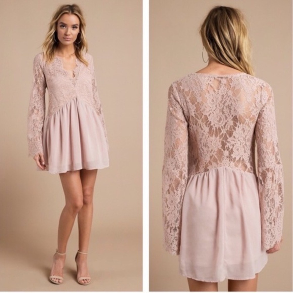 TOBI Blush Pink Nude Lace Scallop Plunge Chiffon Mini Dress Bell Sleeve …